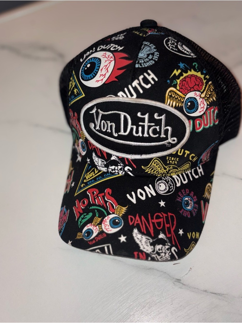 Von Dutch Black Trucker Hat with Multicolor Graphic Print